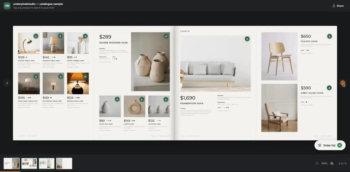 Animation: a buyer flips the catalogue, adds a lamp and a sofa, then opens the order list