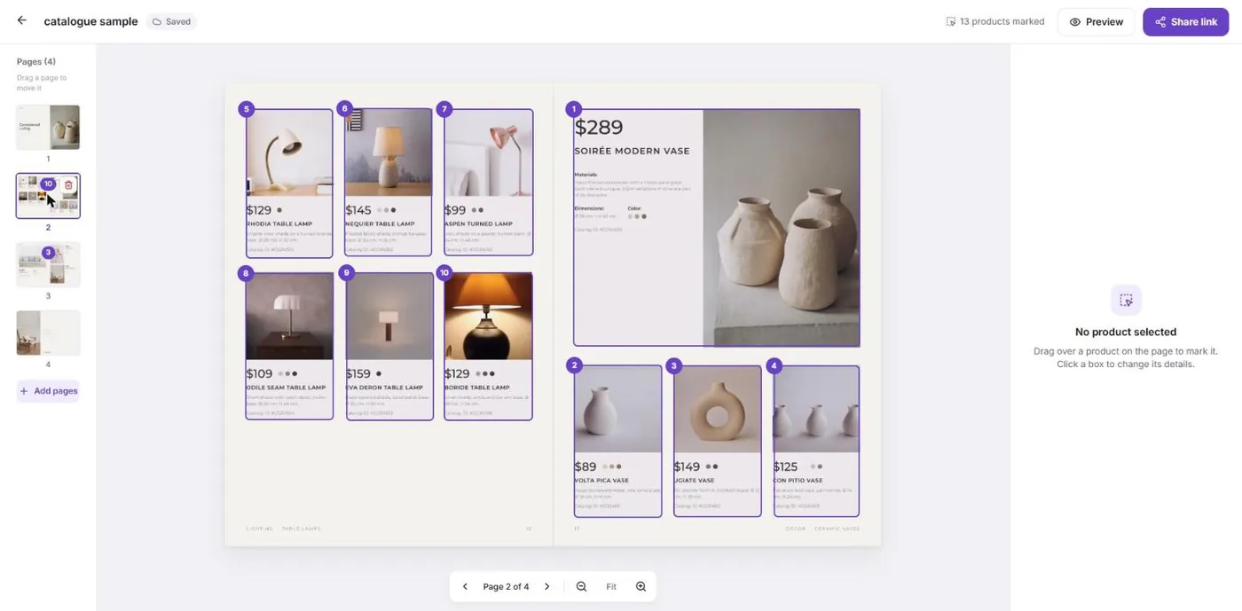 A catalogue page in the editor with ten numbered product boxes