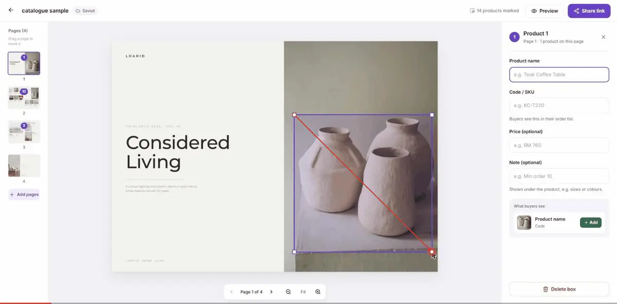 Animation: dragging a box over vases, then typing a name, code and price