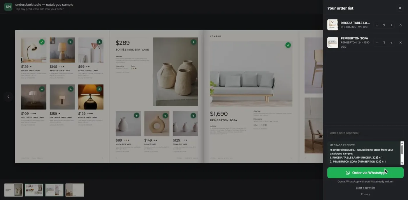 Order list with two products and a WhatsApp message preview