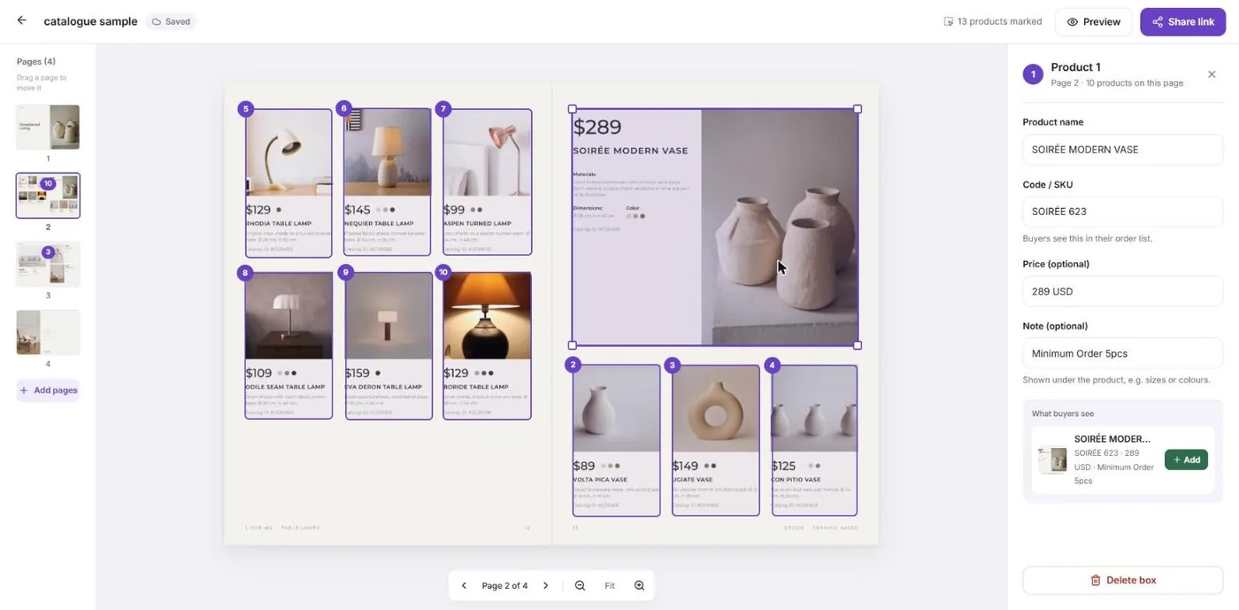 Product details panel with name, code, price and note fields