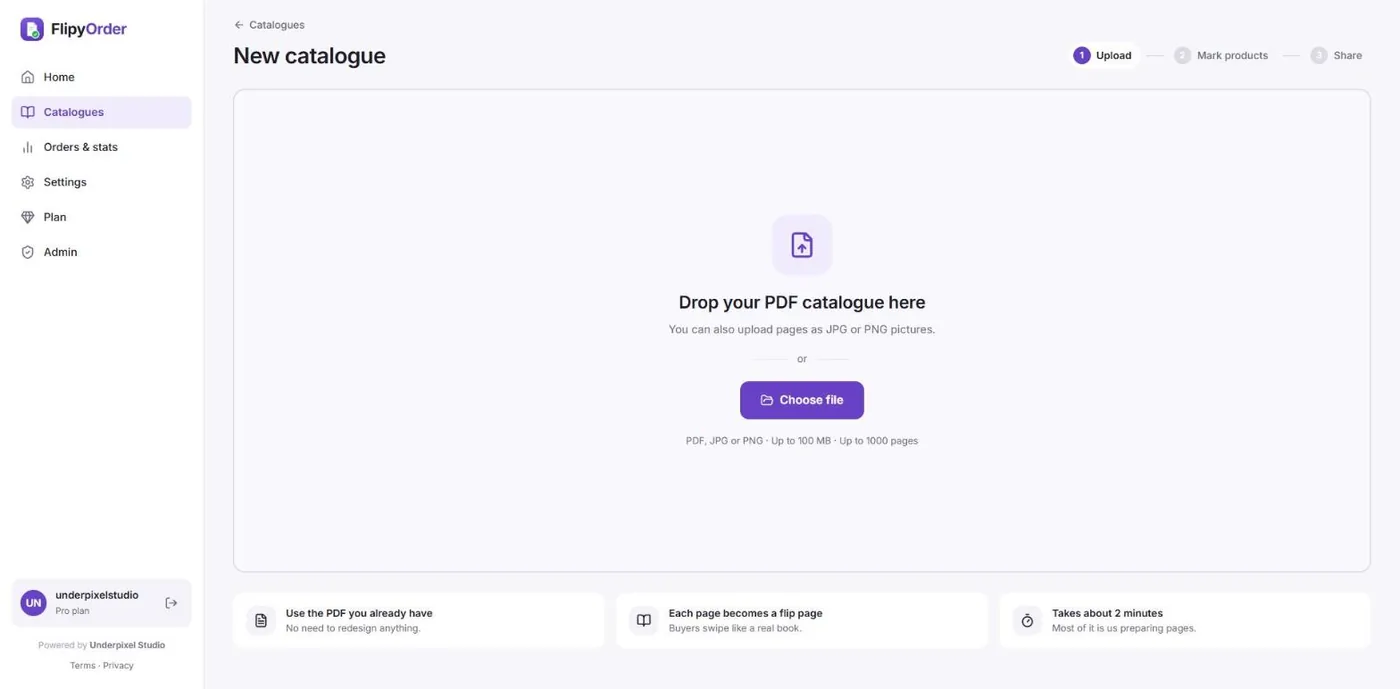 FlipyOrder New catalogue screen with a box to drop a PDF