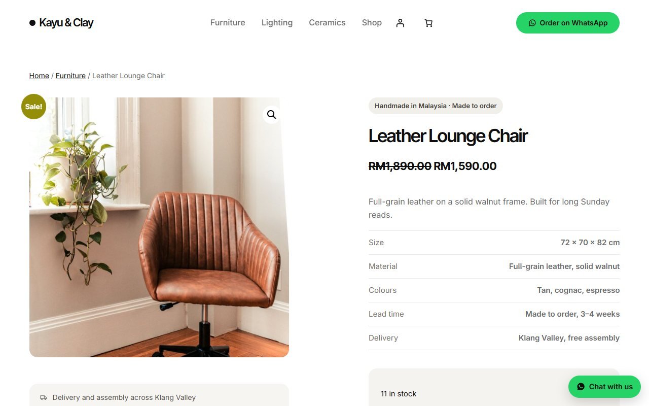 A floating Chat with us WhatsApp button on a product page