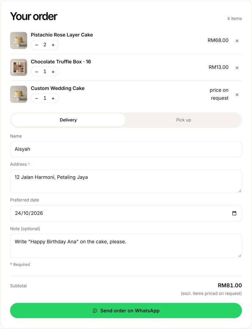 Order Cart order panel with quantity steppers, Delivery or Pick up, name, address, date, note and subtotal