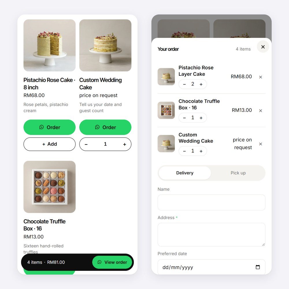 Order Cart on a phone: product grid with a sticky order bar, and the order opened as a bottom sheet