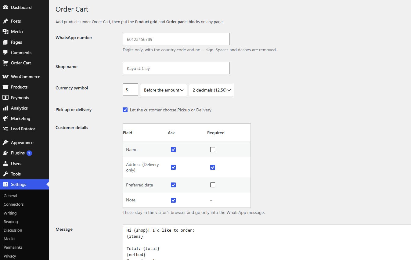 Order Cart settings with WhatsApp number, shop name, currency symbol, pickup or delivery and customer details