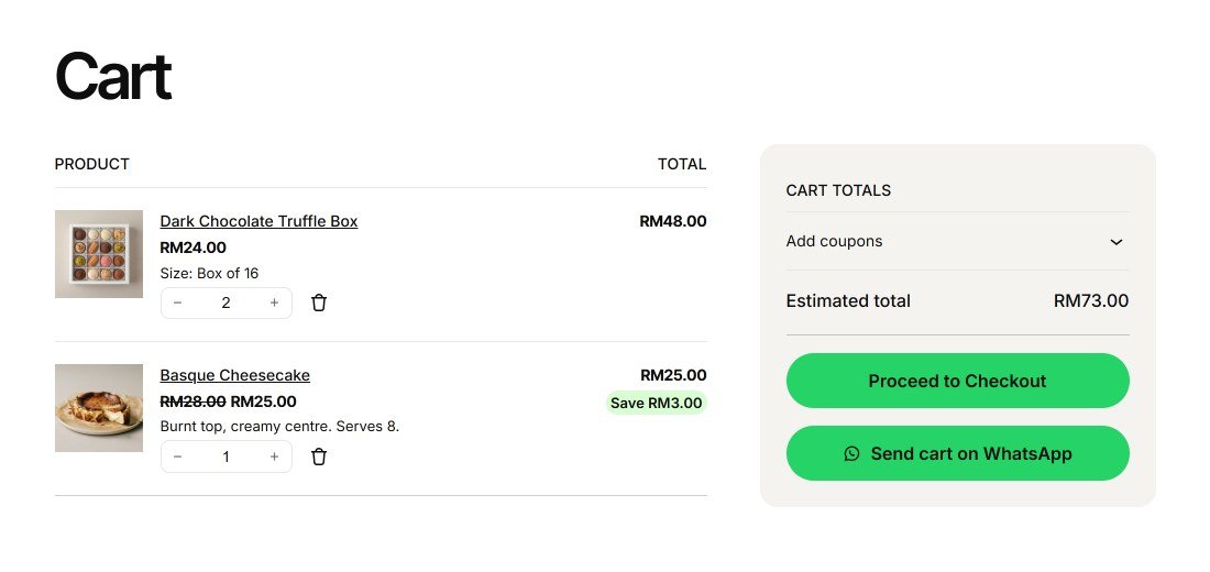 WooCommerce Cart block with a Send cart on WhatsApp button under Proceed to Checkout