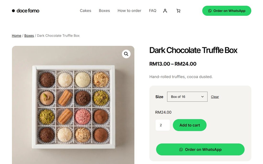 WooCommerce product page with a Size variation and an Order on WhatsApp button