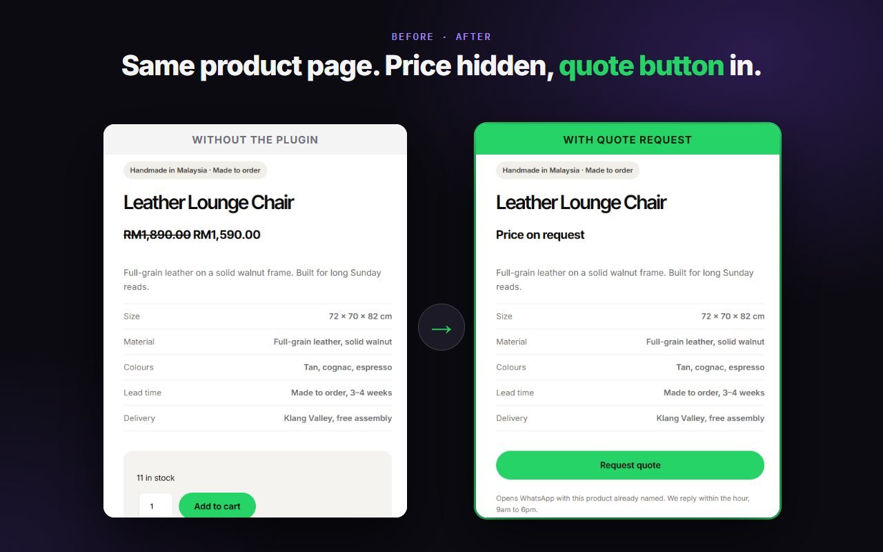 Before and after: the same product page with the price hidden and a Request quote button added