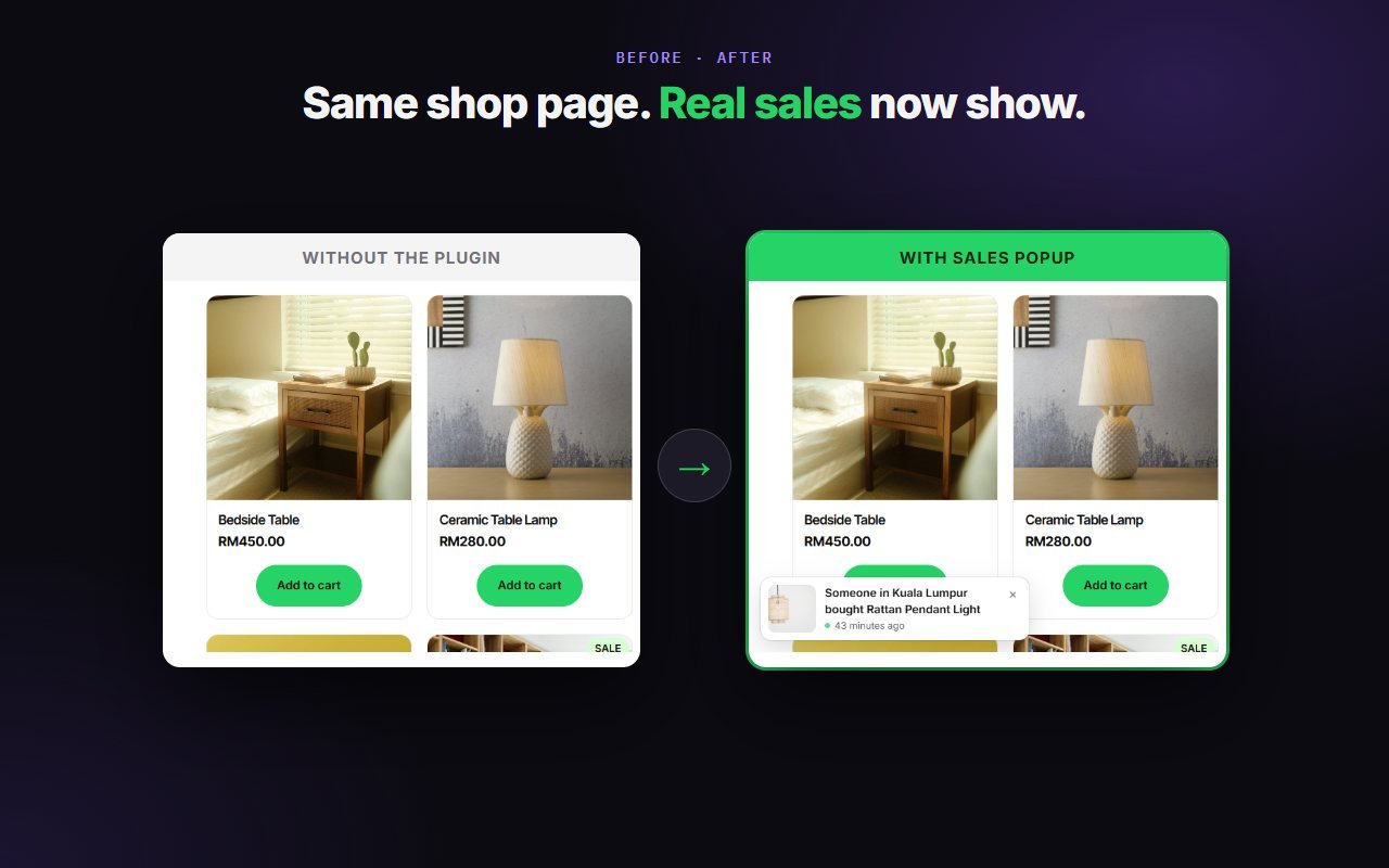 Before and after: the same shop page with a real recent sale popup