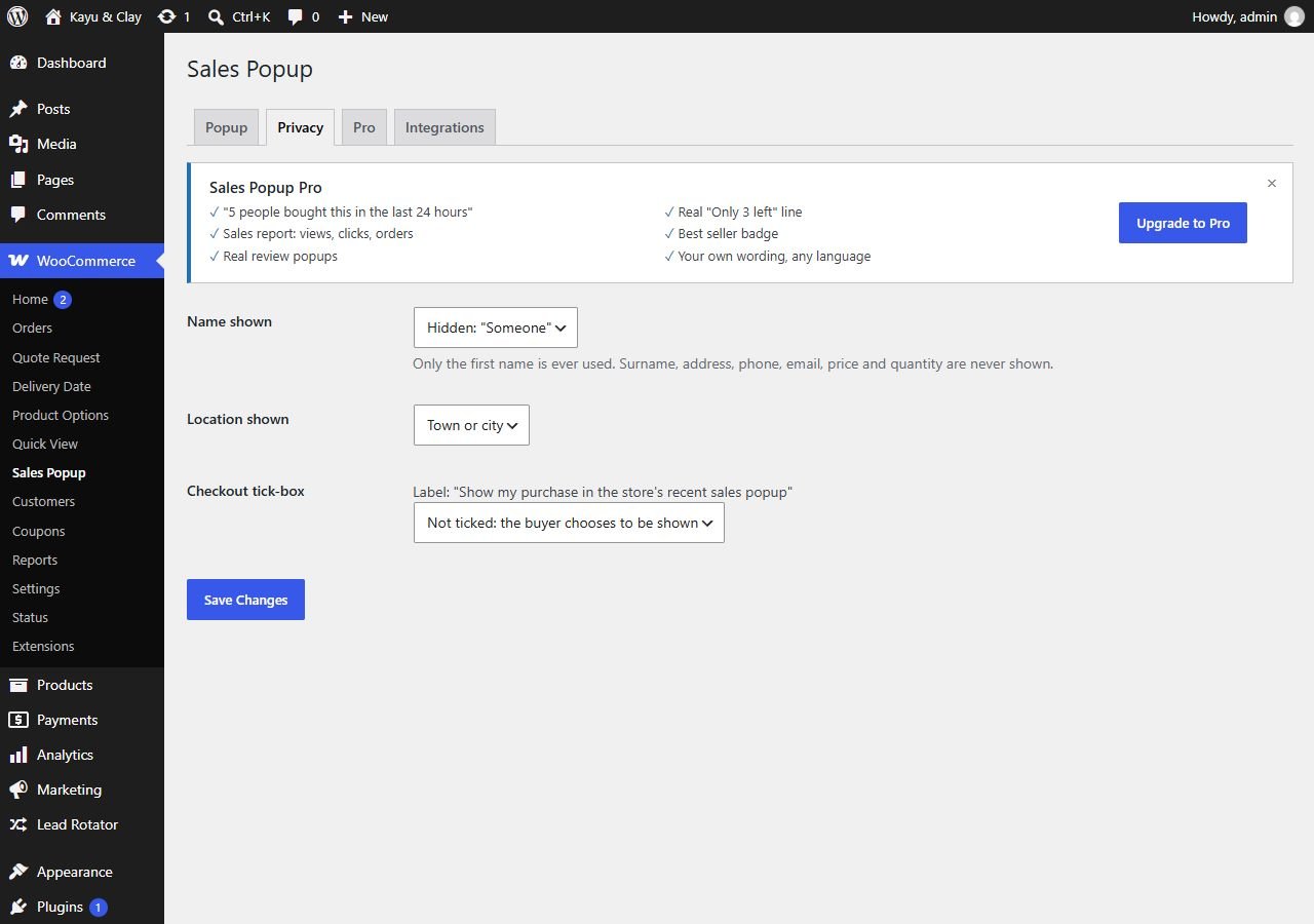 Sales Popup privacy settings: name display and location detail