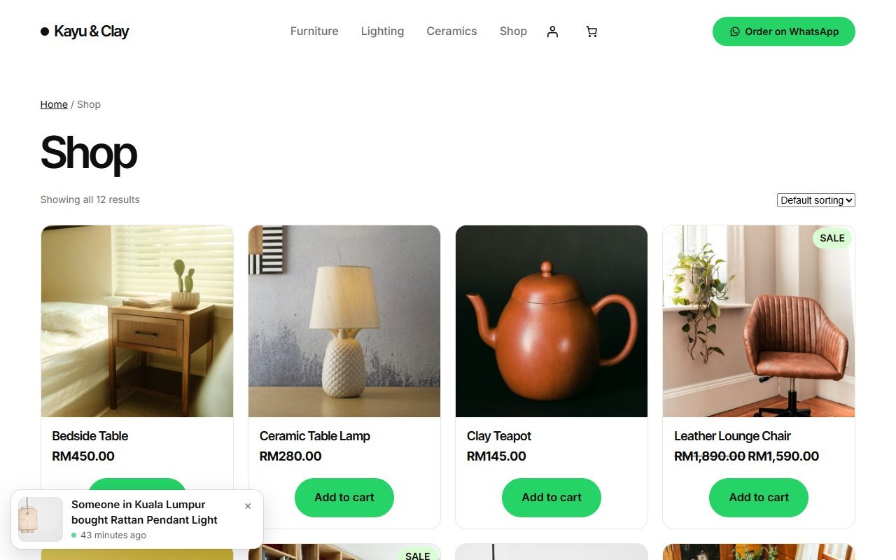 A recent sales popup on a WooCommerce shop page: Someone in Kuala Lumpur bought a product