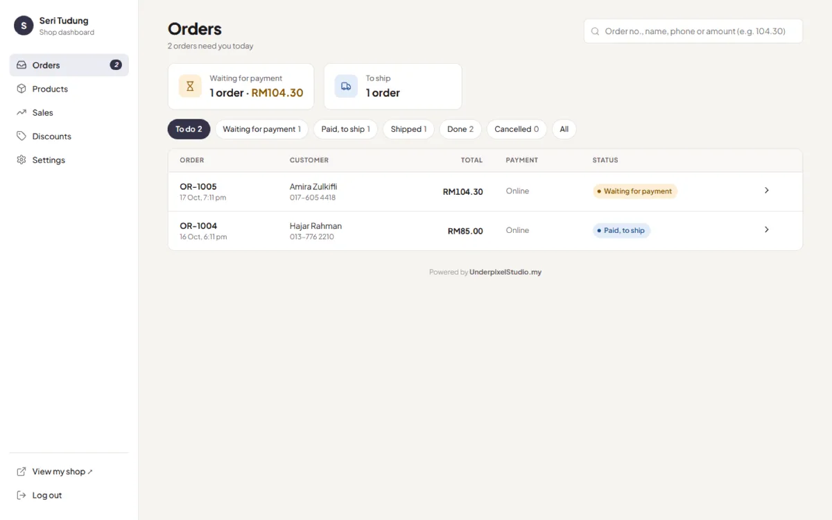 Orders screen of the owner dashboard