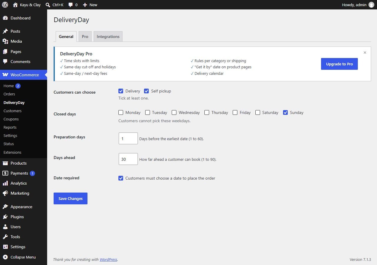 Delivery Date General tab with delivery and pickup, closed days, preparation days, days ahead and date required