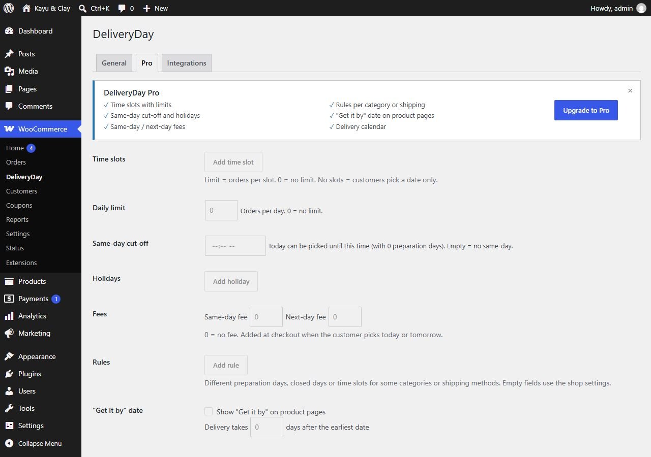 Delivery Date Pro tab with time slots, daily limit, same-day cut-off, holidays, fees, rules and Get it by options shown disabled