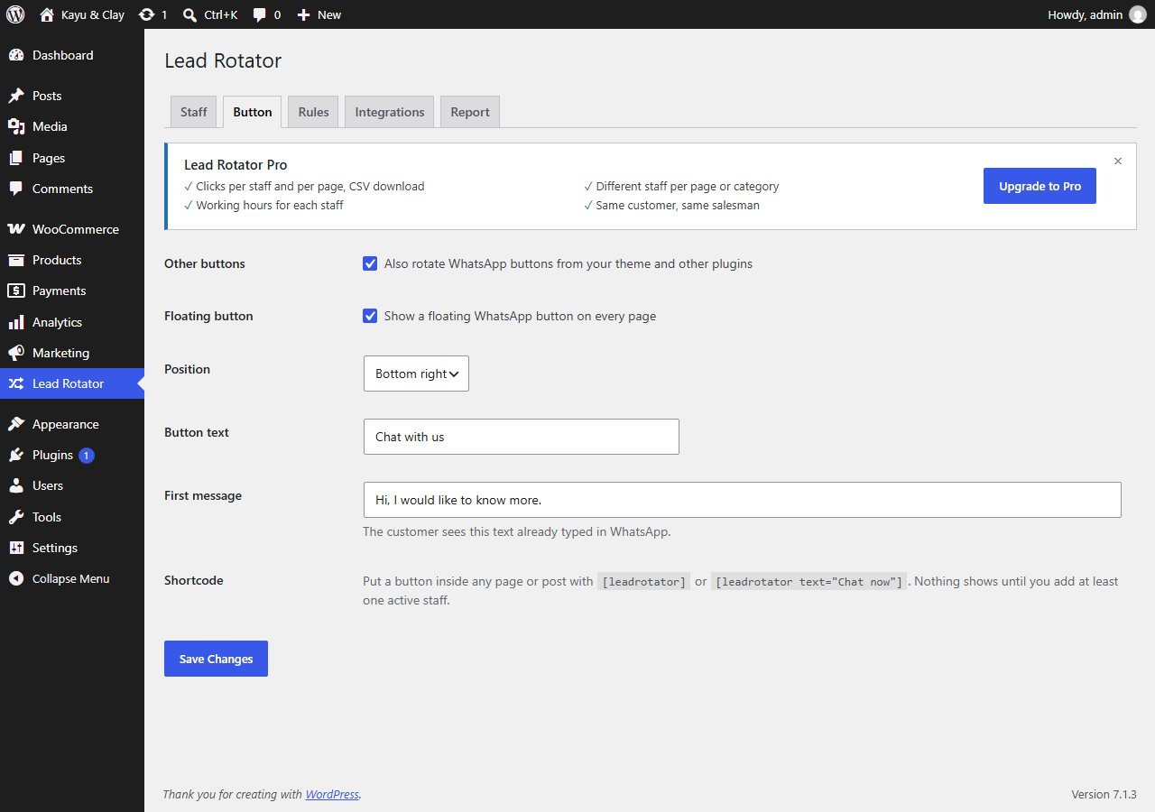 Lead Rotator Button tab with other buttons, floating button, position, button text, first message and shortcode