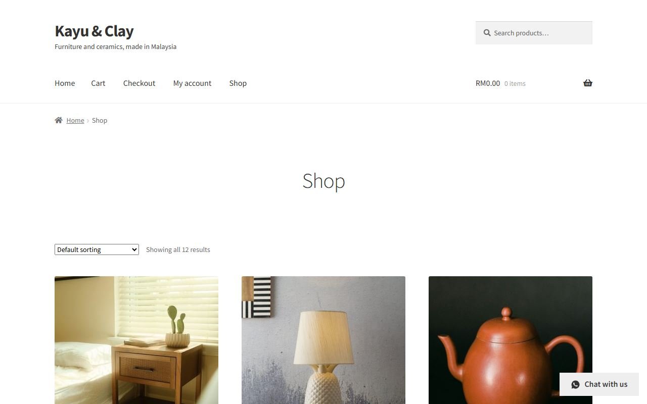 Shop page with a floating Chat with us button in the bottom right corner