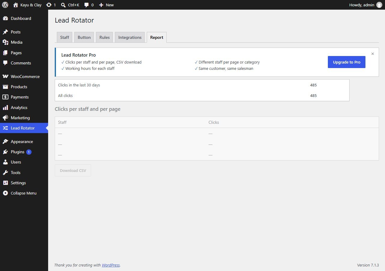 Lead Rotator Report tab with click totals and a greyed out clicks per staff table
