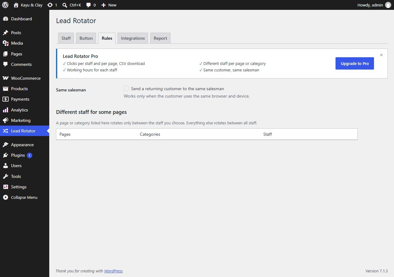 Lead Rotator Rules tab with same salesman and different staff for some pages shown disabled