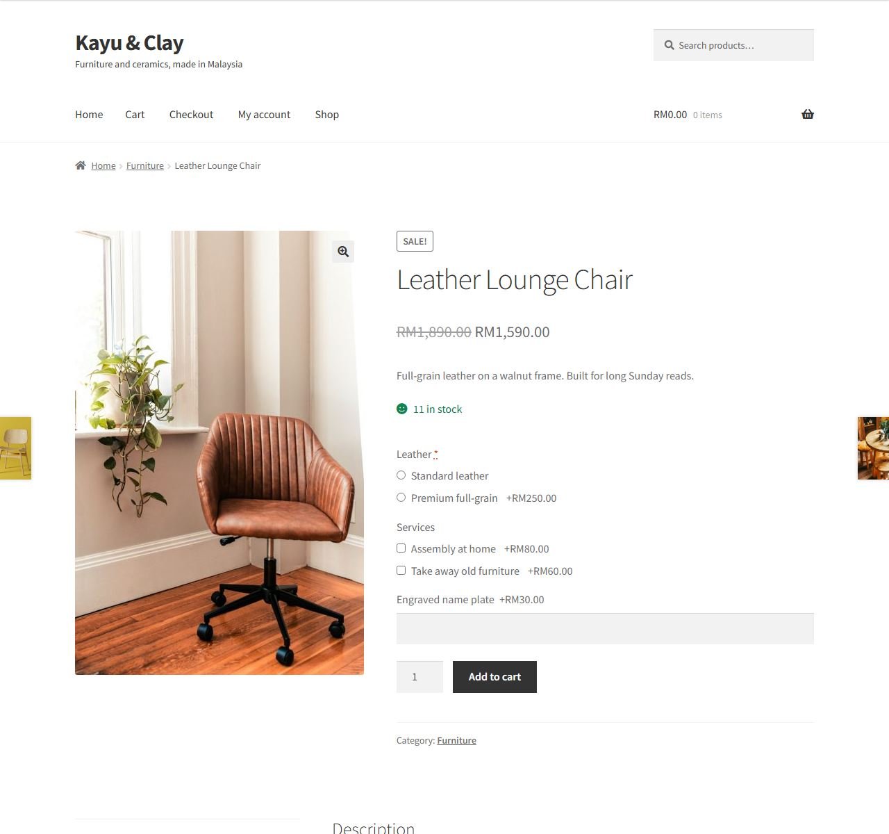 Product page with Leather, Services and Engraved name plate options and their prices above Add to cart