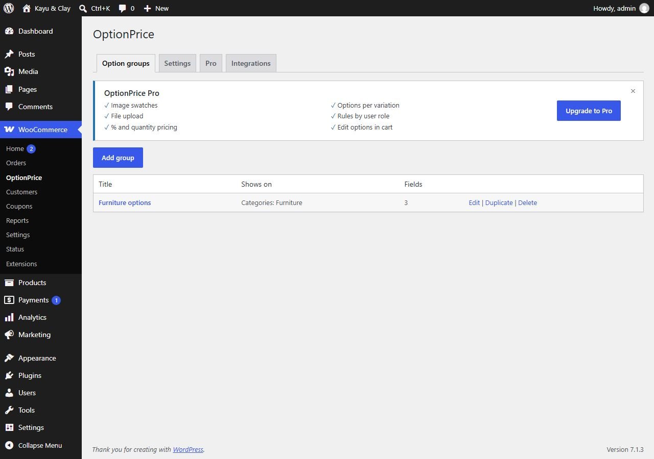 Product Options Option groups tab with one group, Furniture options, shown on the Furniture category