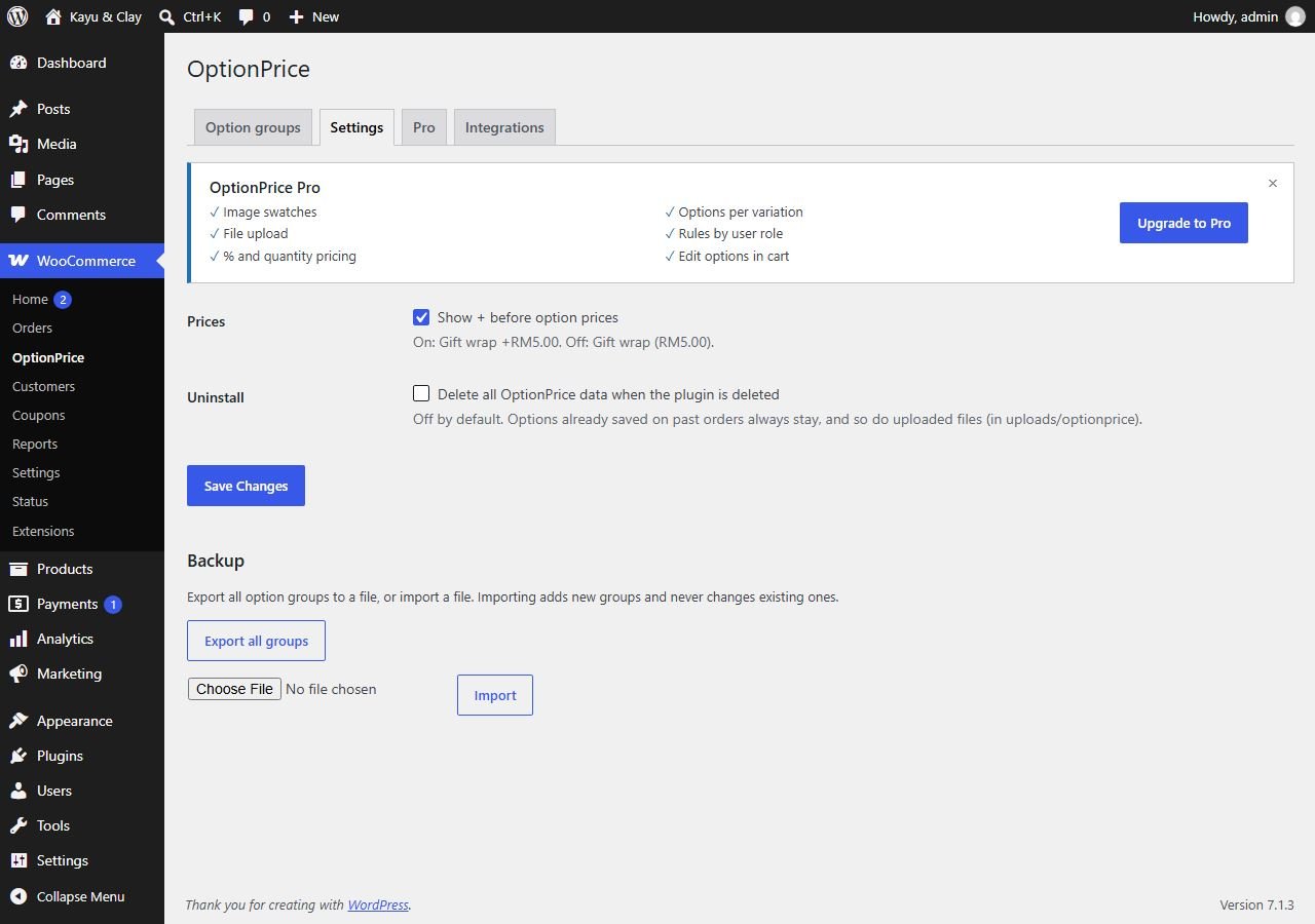 Product Options Settings tab with the plus sign option, uninstall option and Backup export and import