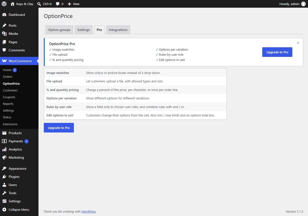 Product Options Pro tab listing image swatches, file upload, percent and quantity pricing, options per variation, rules by user role and edit options in cart