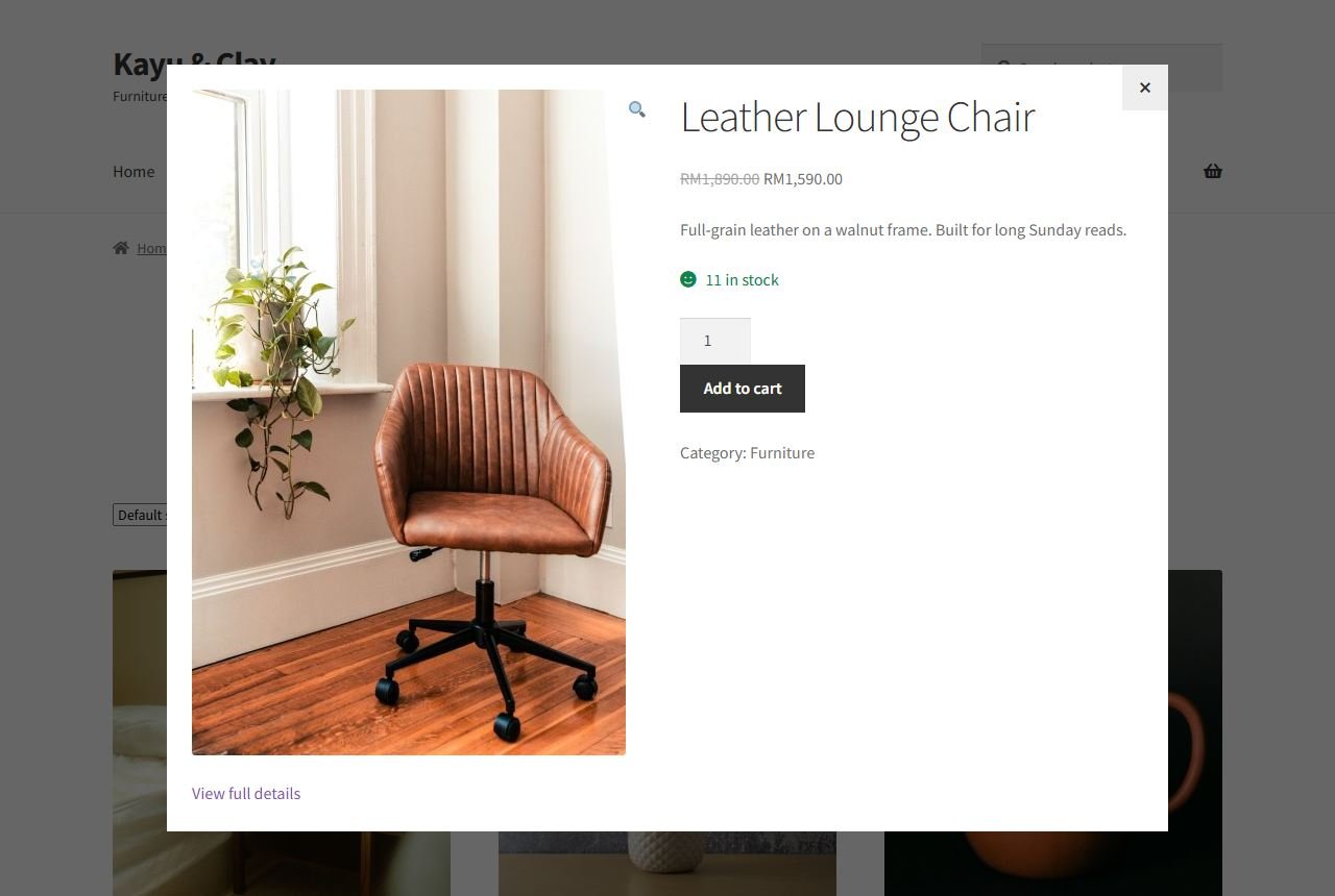 Quick view popup with photo, price, description, stock and Add to cart