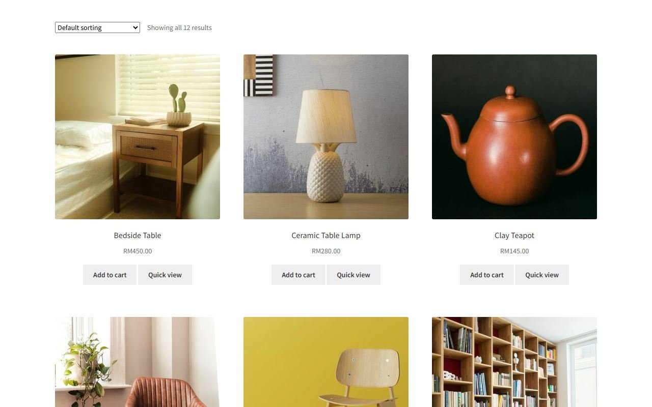 Shop grid with Add to cart and Quick view buttons under each product