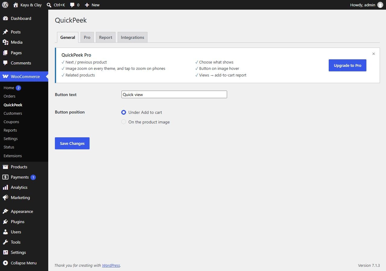 Quick View General tab with Button text and Button position settings