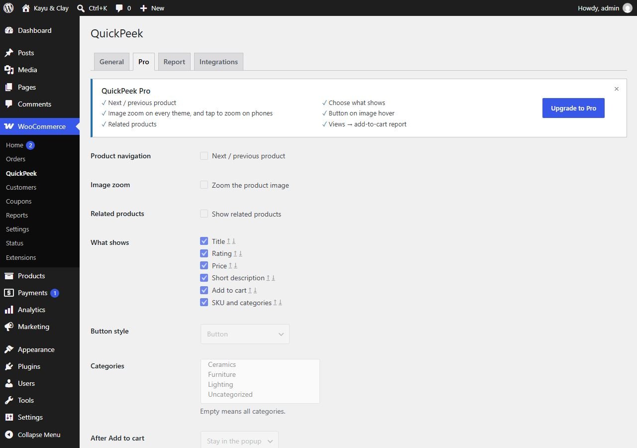Quick View Pro tab with Pro options shown disabled