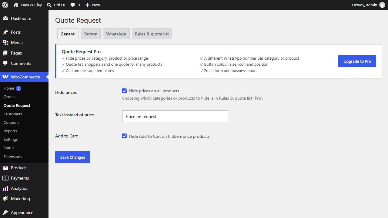 Quote Request General tab with hide prices, replacement text and Add to Cart options