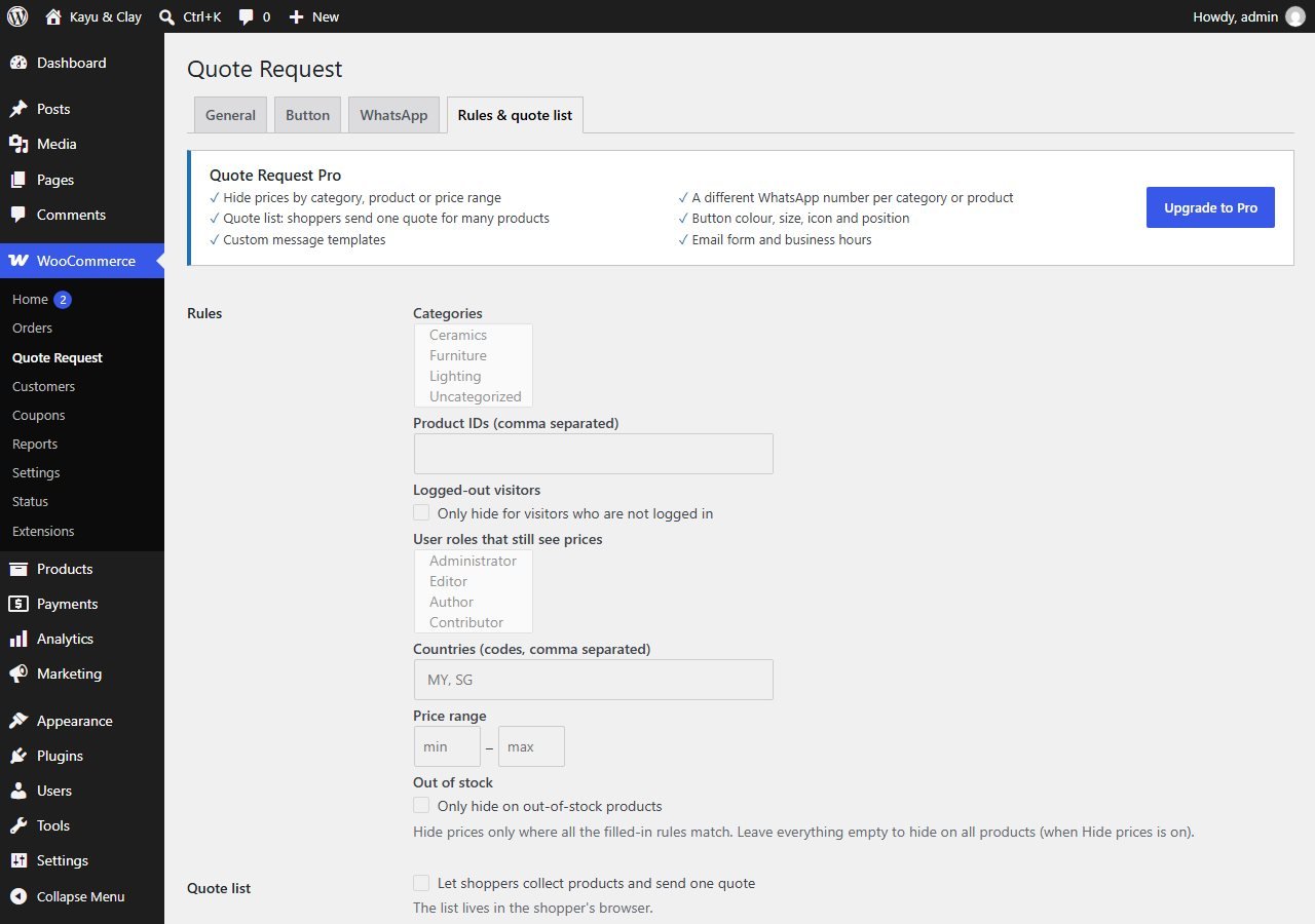 Rules and quote list tab with Pro options shown disabled