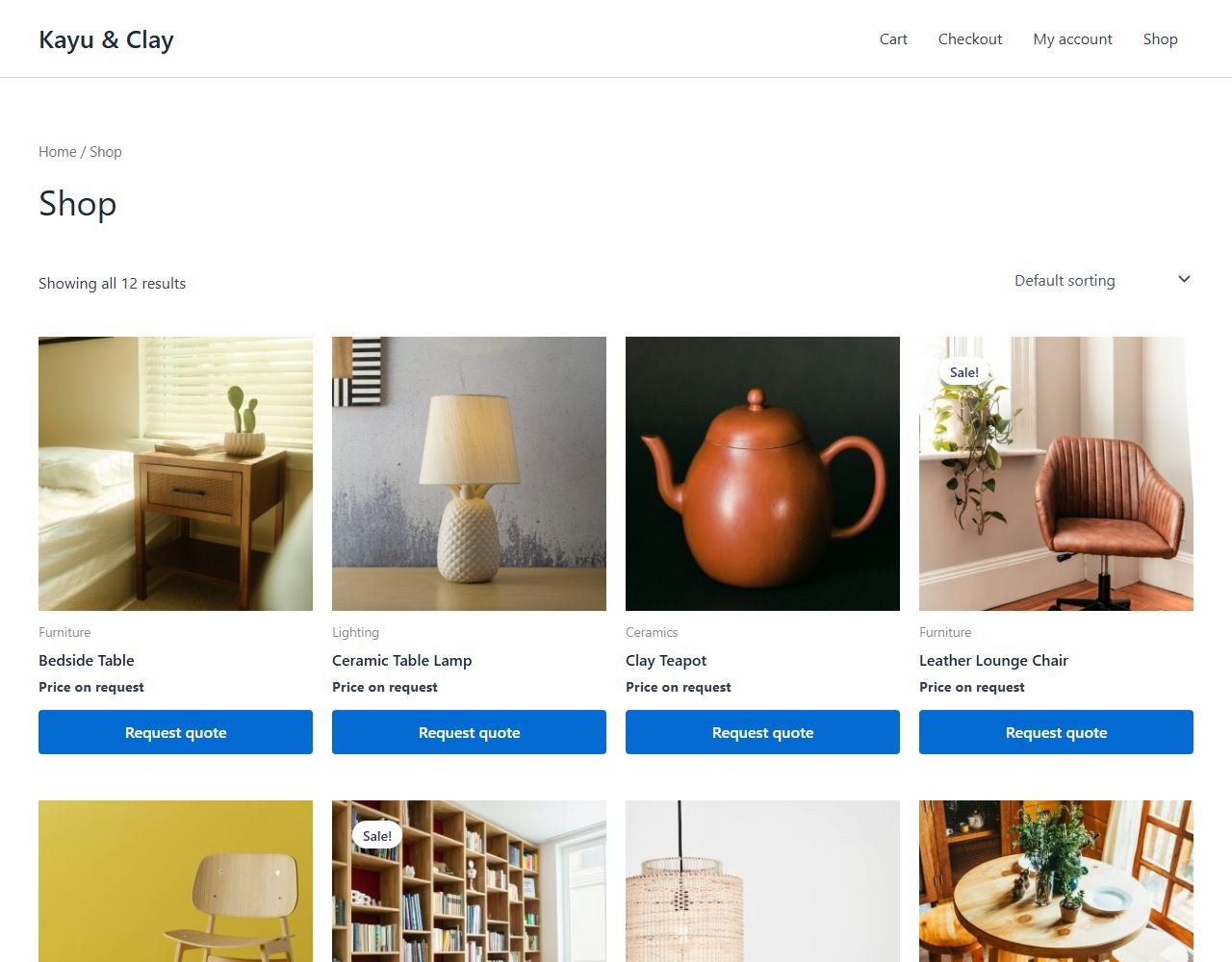 Shop grid with Price on request and Request quote buttons on every product