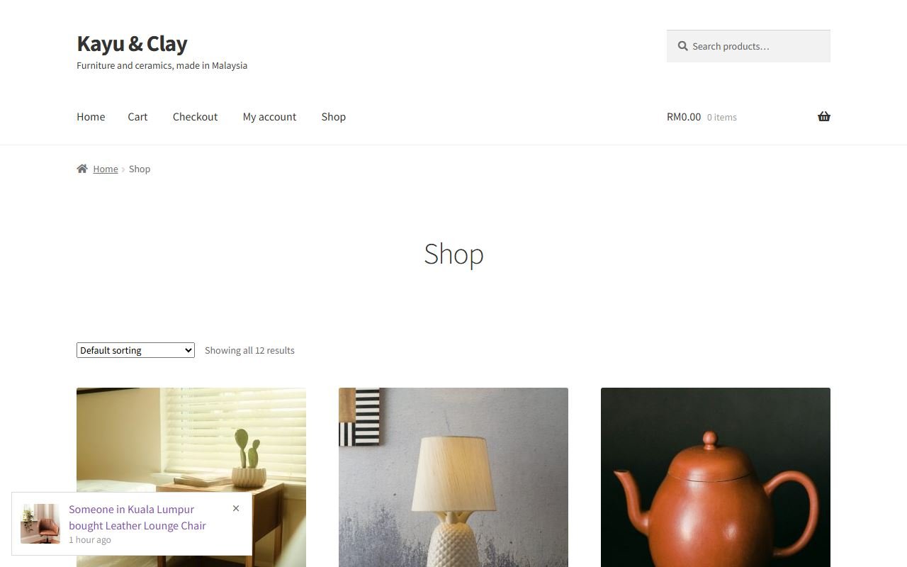 Shop page with a Sales Popup popup in the bottom-left corner