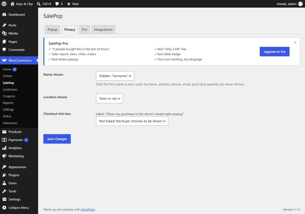Sales Popup Privacy tab with Name shown, Location shown and Checkout tick-box settings