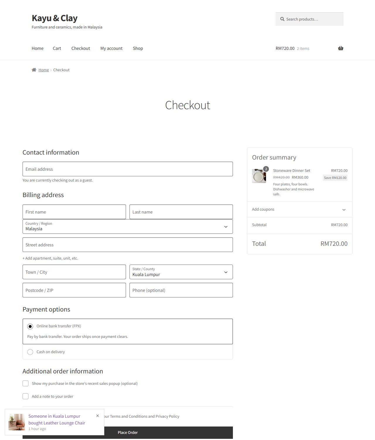 Checkout page with the Show my purchase in the store's recent sales popup tick-box