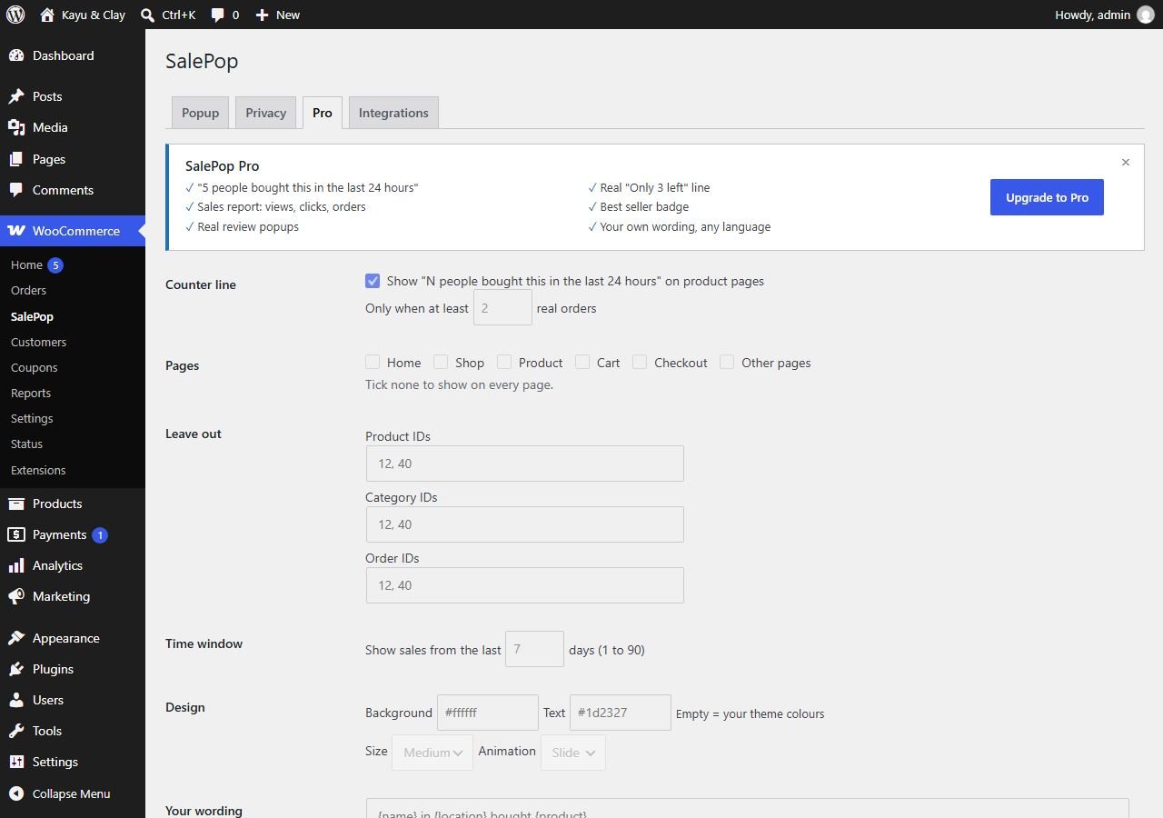 Sales Popup Pro tab with counter line, pages, leave out, time window and design options shown disabled