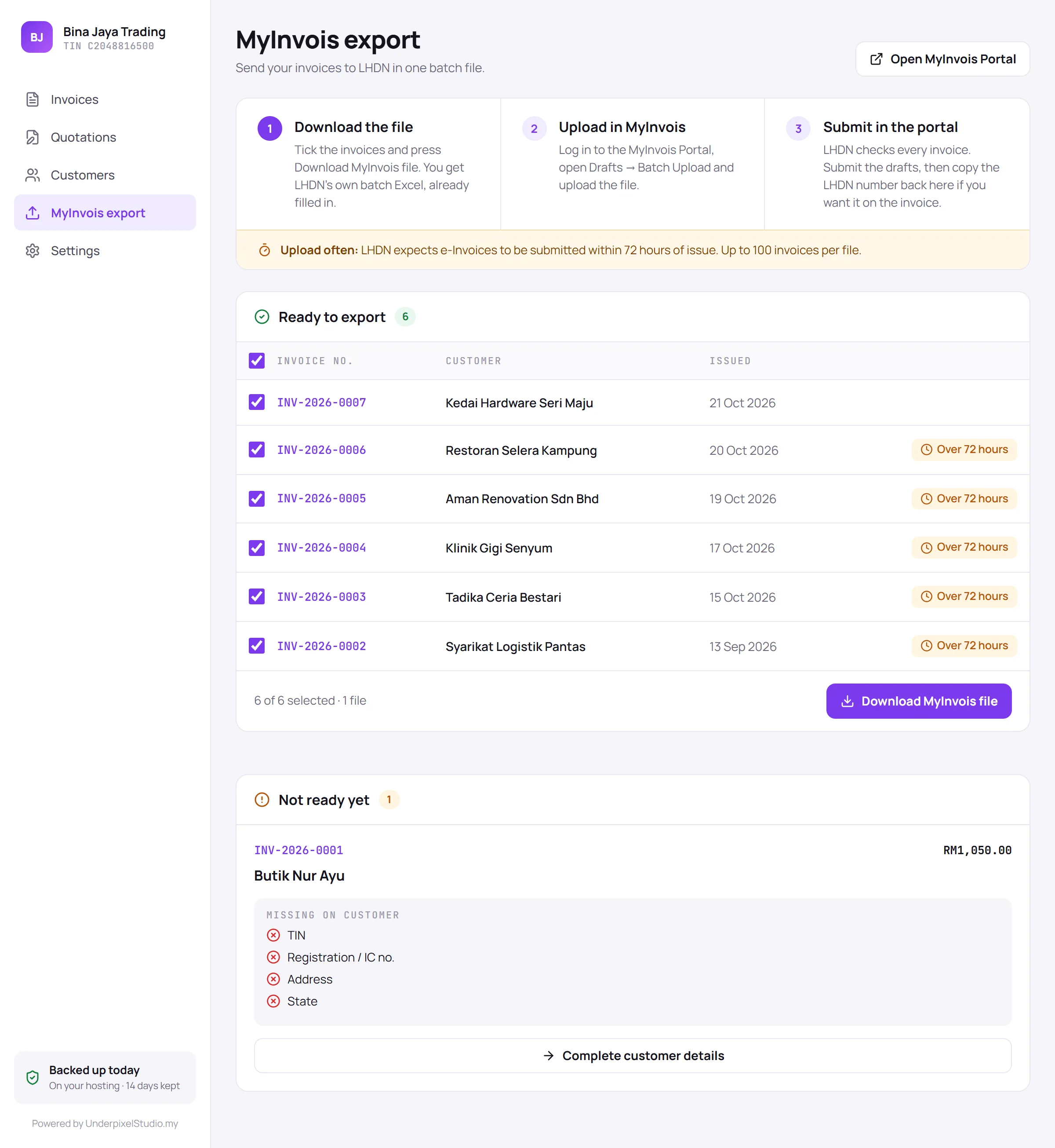 MyInvois export screen: invoices ready to export and those missing details