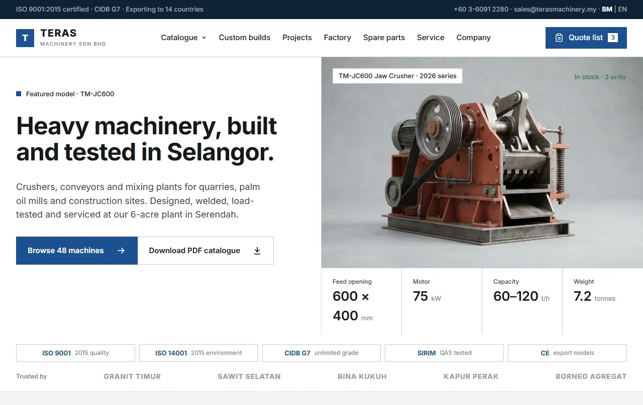Teras Machinery company website, built by Underpixel