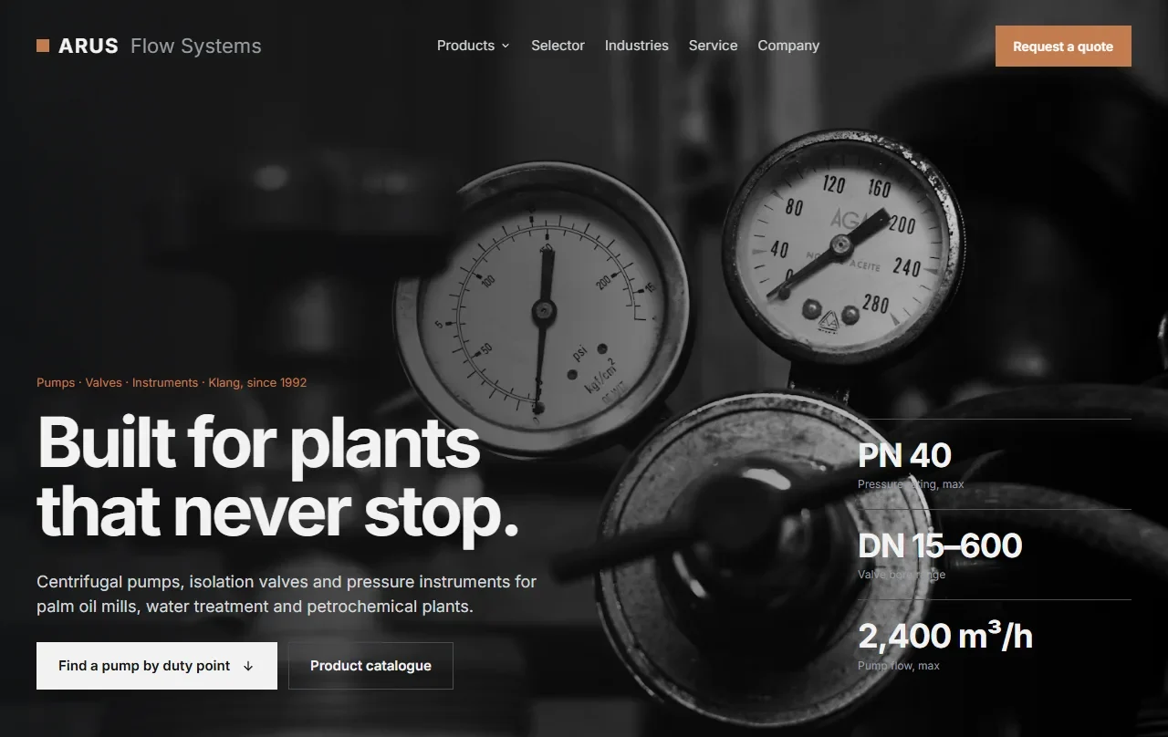 Arus Flow Systems company website, built by Underpixel