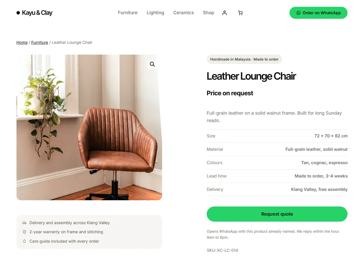 Quote Request on a product page: price on request and a Request quote button