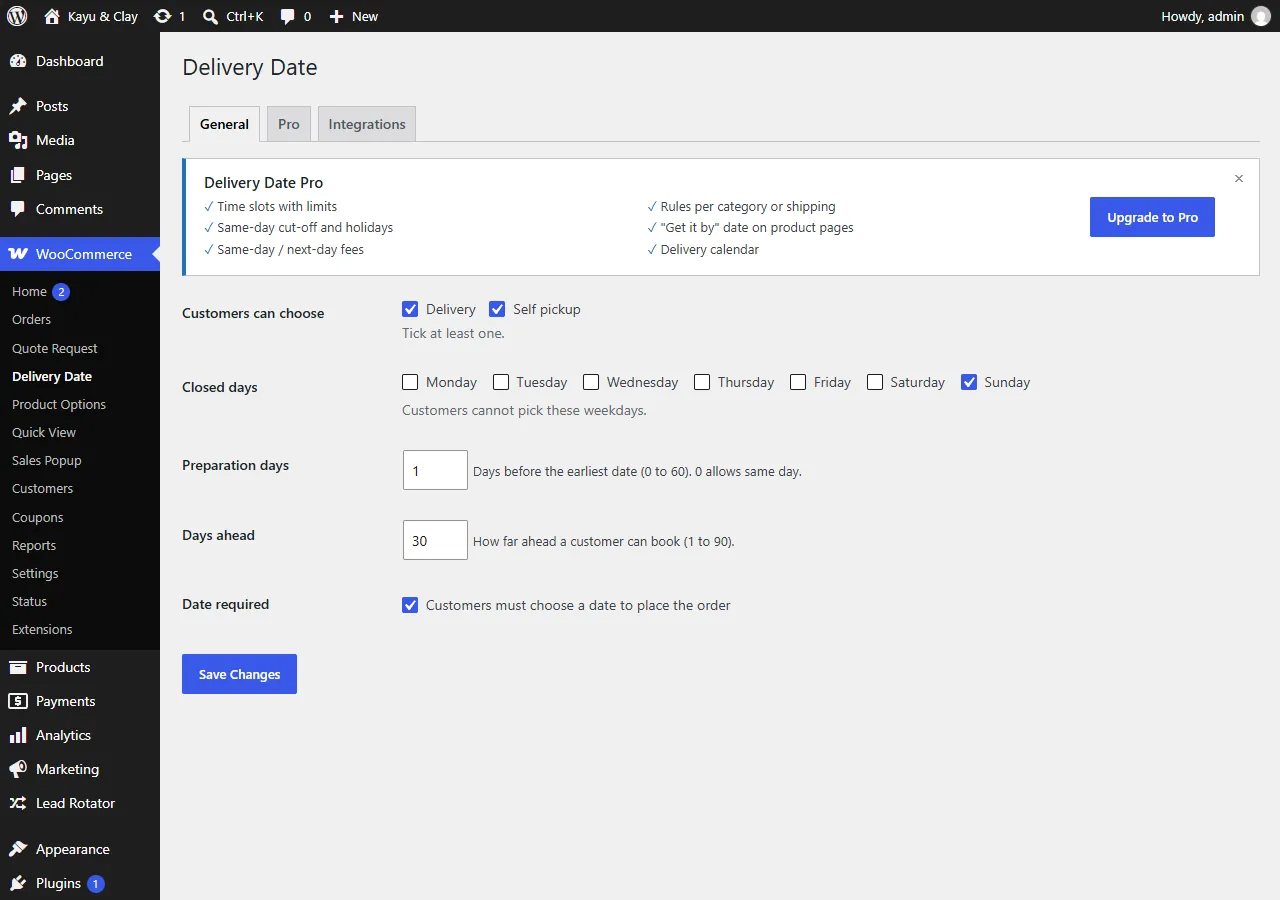 General tab: delivery and/or self pickup, closed days, preparation days