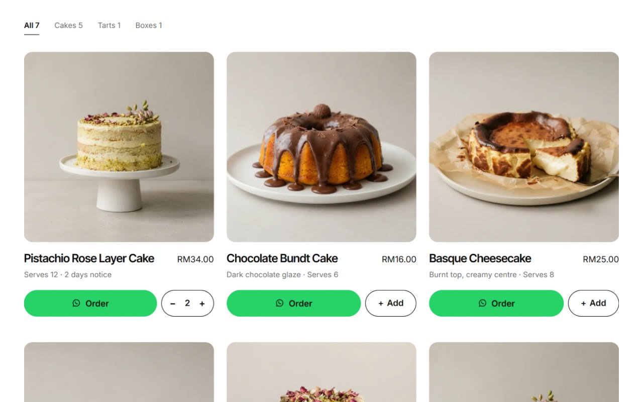 Product grid with category tabs and quantity steppers