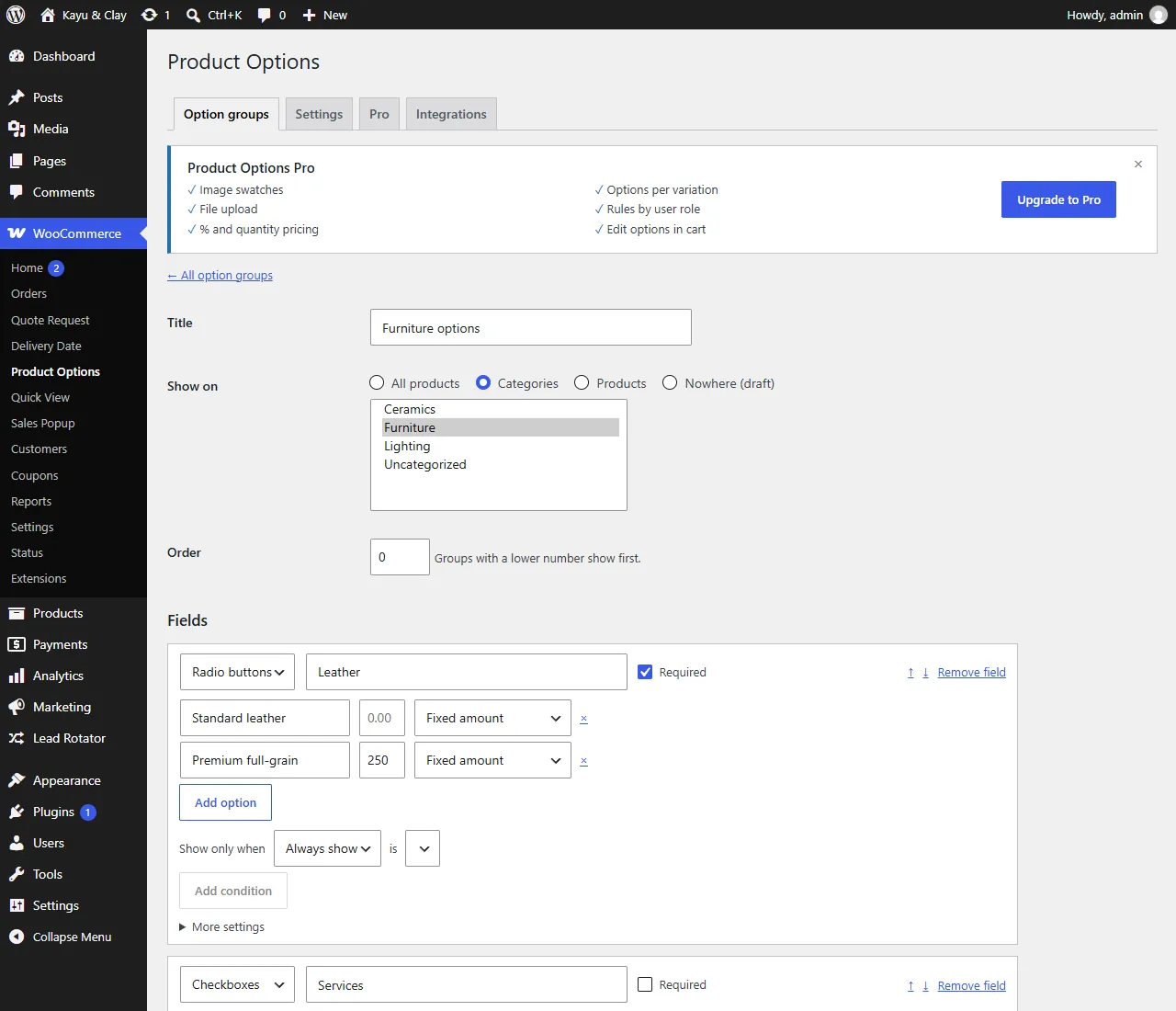 Editing an option group: radio buttons, checkboxes and a text field, each with its own price
