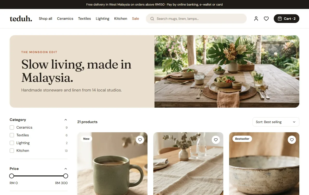 Teduh online shop, built by Underpixel