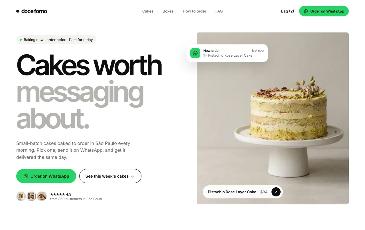 Doce Forno Bakery WhatsApp order website, built by Underpixel
