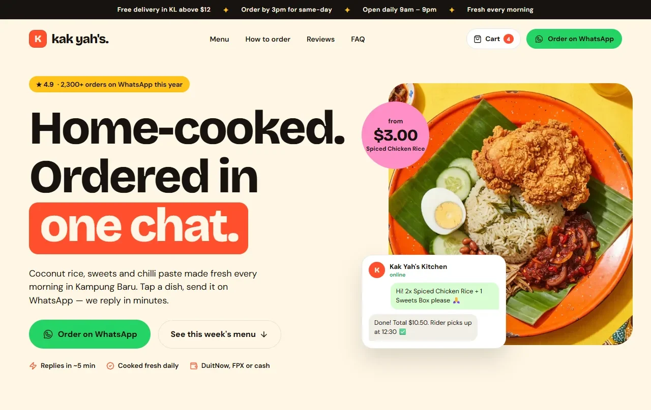 Kak Yah's Kitchen WhatsApp order website, built by Underpixel
