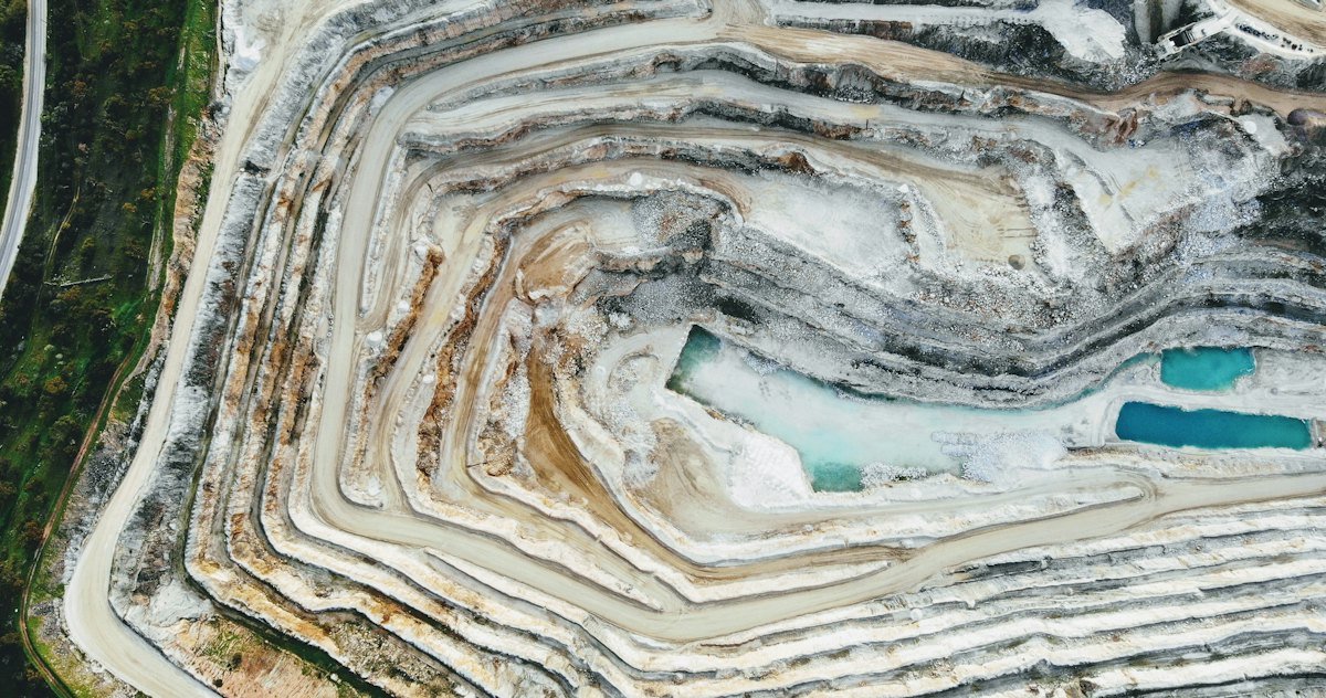 Aerial view of a terraced granite quarry