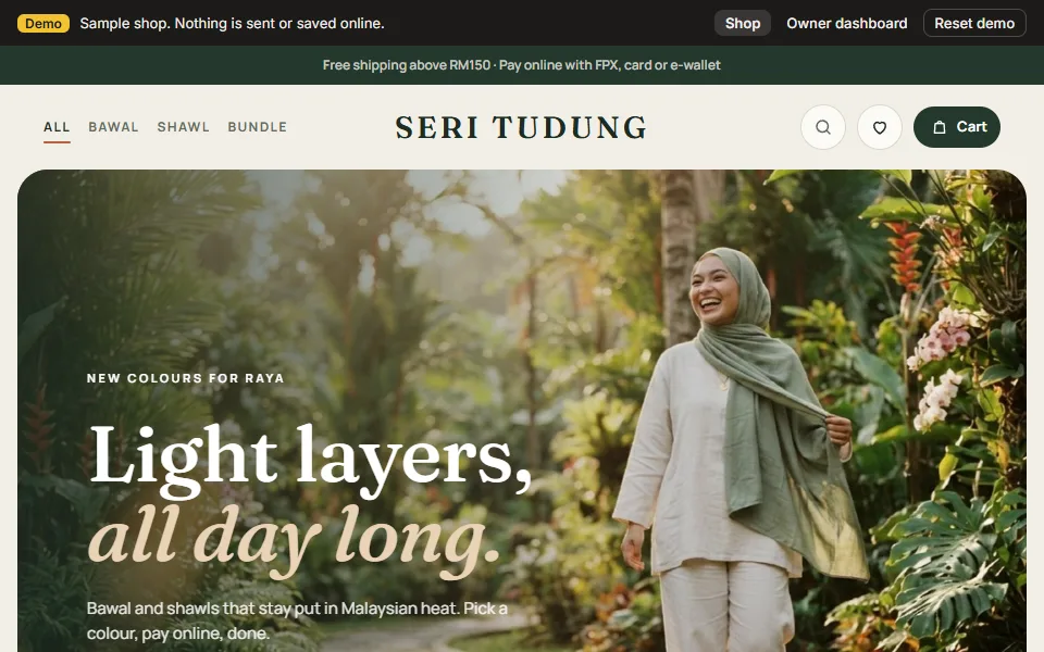 A sample tudung online shop: a grid of tudung with prices and colour choices